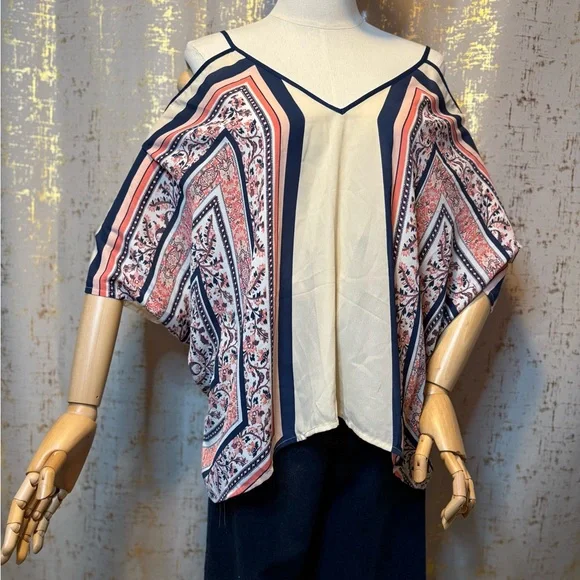 Women's Off Shoulder Navy and Cream Patterned Top - Picture 2 of 6